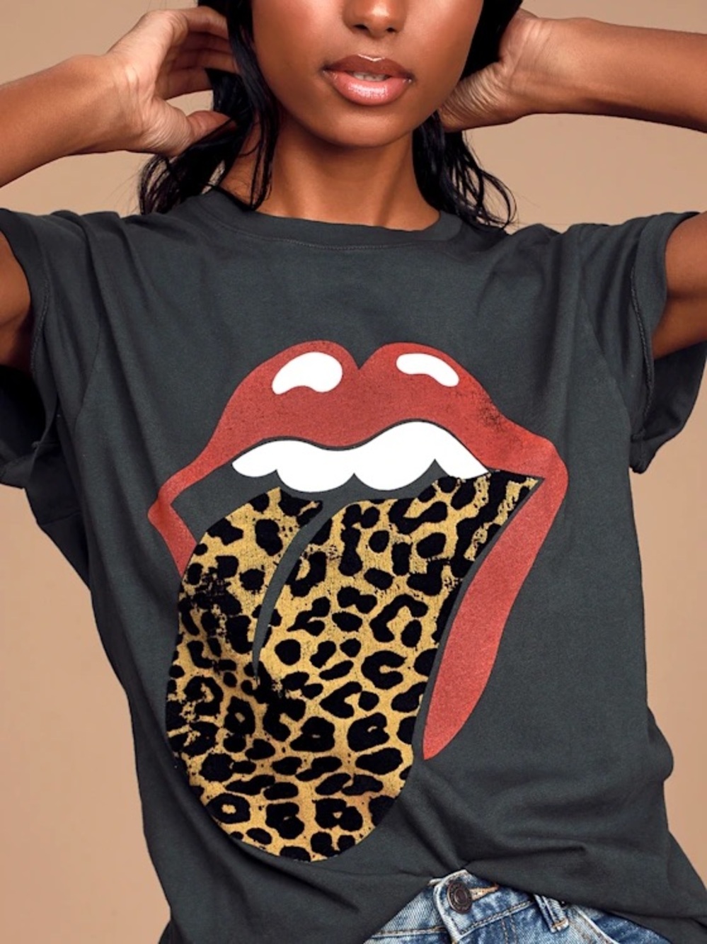 Daydreamer - Rolling Stones Leopard Tongue Tour Washed Black Graphic Tee - Large